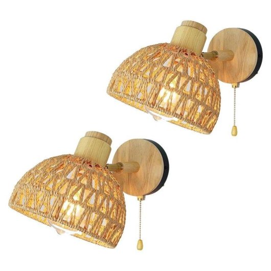 Lampe Murale Autrucker en Rotin avec Interrupteur à Chaîne et Angle 180°