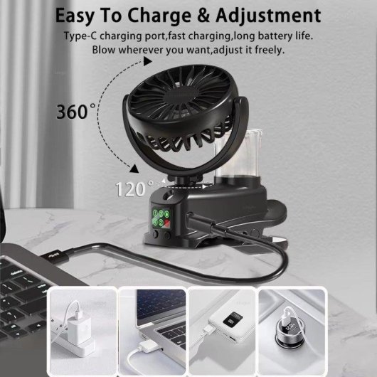 Mini Ventilador Autrucker Portátil 1W 4 Velocidades Humidificador Clip 360° Batería 1200mAh