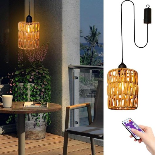 Rattan-Deckenleuchte Autrucker mit Fernbedienung IP44 für Garten