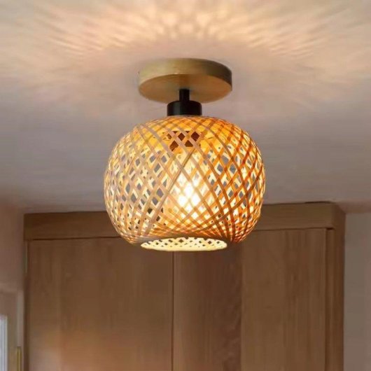 Lampe de plafond semi-encastrée Autrucker en rotin et bambou naturel style rustique