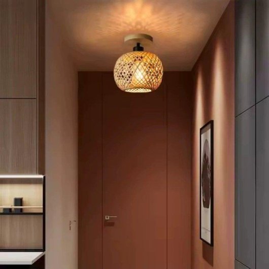 Lampe de plafond semi-encastrée Autrucker en rotin et bambou naturel style rustique