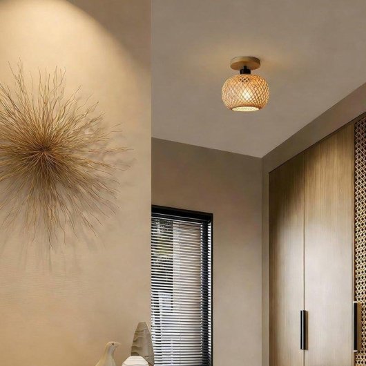 Lampe de plafond semi-encastrée Autrucker en rotin et bambou naturel style rustique