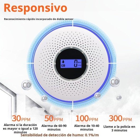 Detector de Humo y Gas Autrucker Alarma 2 en 1 Pantalla LCD Batería