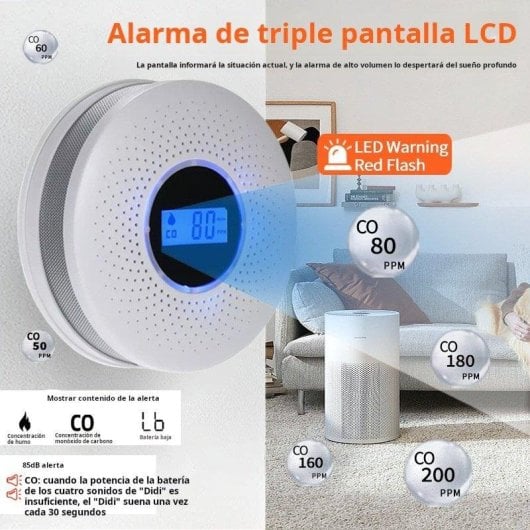 Detector de Humo y Gas Autrucker Alarma 2 en 1 Pantalla LCD Batería