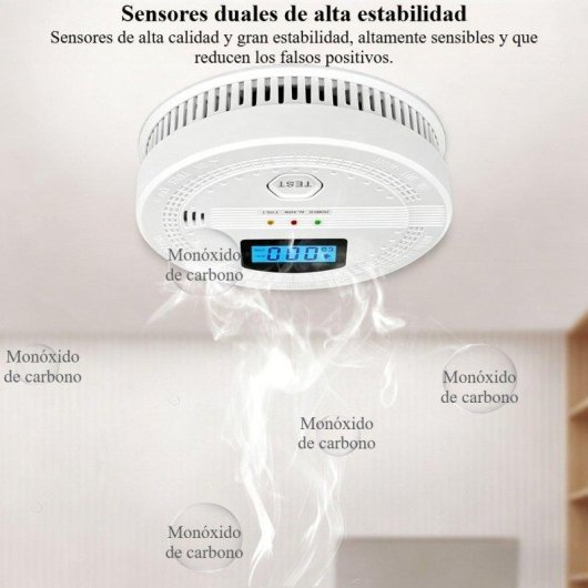 Detector de Humo y Gas Autrucker Pantalla Digital Alarma Sonora Visual LED Blanco