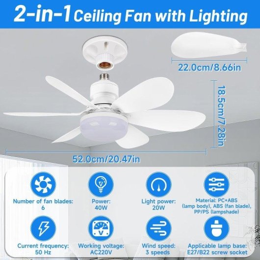 Deckenventilator mit Licht Autrucker 40W 52cm 3 Stufen Fernbedienung LED Leise