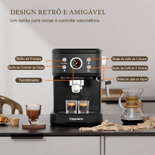 Máquina de café expresso semiautomática Rolipo Em_04 20 bares 1,5 L com espumador painel digital
