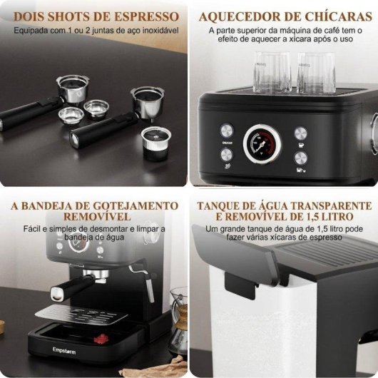 Máquina de café expresso semiautomática Rolipo Em_04 20 bares 1,5 L com espumador painel digital