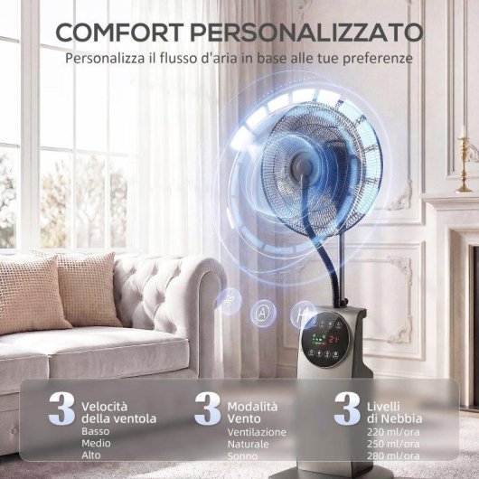 Ventilatore Nebulizzatore a Piantana Rolipo 90W 3,1L 3 Velocità Silenzioso Telecomando