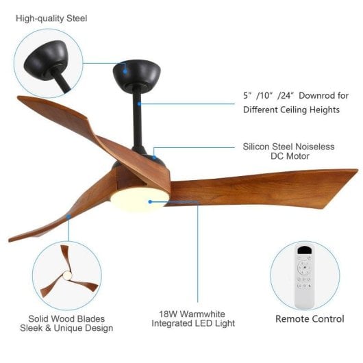 Ventilatore da Soffitto con Luce Rolipo 18W 132cm Silenzioso 6 Velocità Telecomando Funzione Inverno Timer