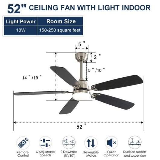 Ventilatore da Soffitto con Luce Rolipo 18W LED 132cm 6 Velocità Motore DC Telecomando Nero