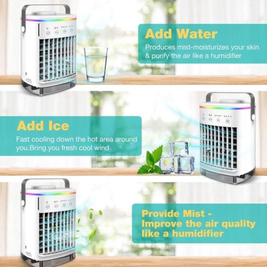 Mini Ventilador Evaporativo de Sobremesa Autrucker 4 Velocidades 700 ml LED 7 Colores Oscilación USB