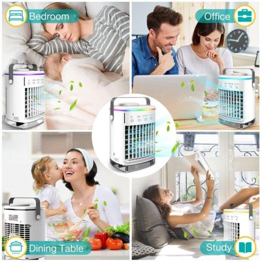 Mini Ventilador Evaporativo de Sobremesa Autrucker 4 Velocidades 700 ml LED 7 Colores Oscilación USB