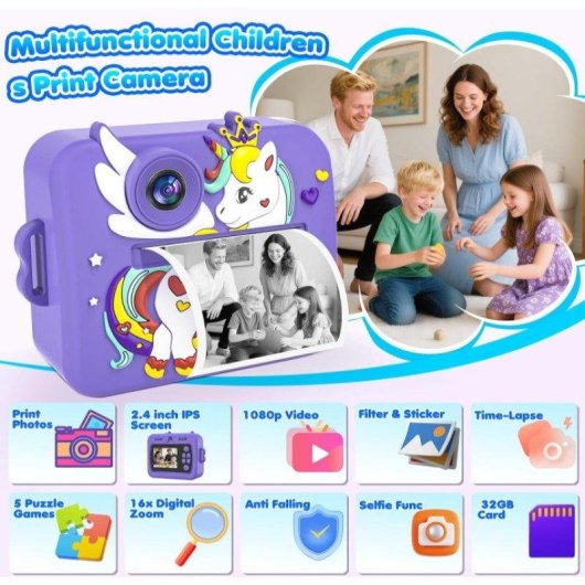 Cámara Instantánea Rolipo X7D Flash Automático Impresión Rápida SD 32GB Violeta