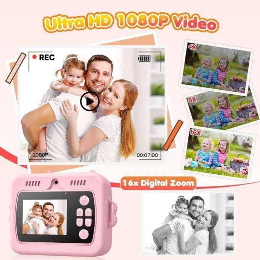 Cámara Instantánea Rolipo X7D Flash Automático Impresión Rápida SD 32GB Rosa Claro