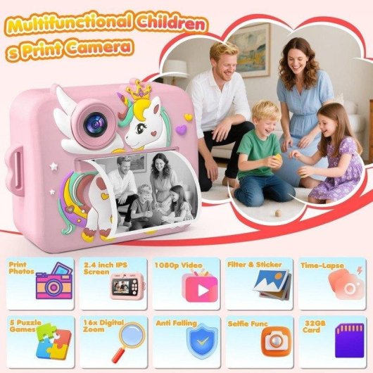Cámara Instantánea Rolipo X7D Flash Automático Impresión Rápida SD 32GB Rosa Claro