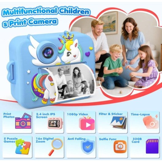 Cámara Instantánea Rolipo X7D Flash Automático Impresión Rápida SD 32GB Azul