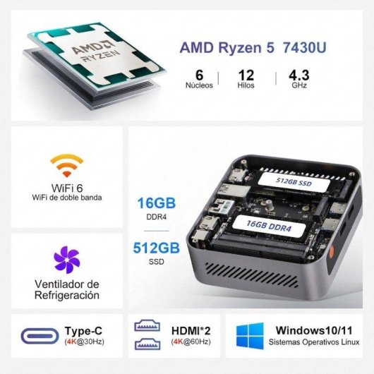 Mini PC Ninkear M7 AMD Ryzen 5 7430U/16GB/512GB SSD/AMD Radeon/Windows 11