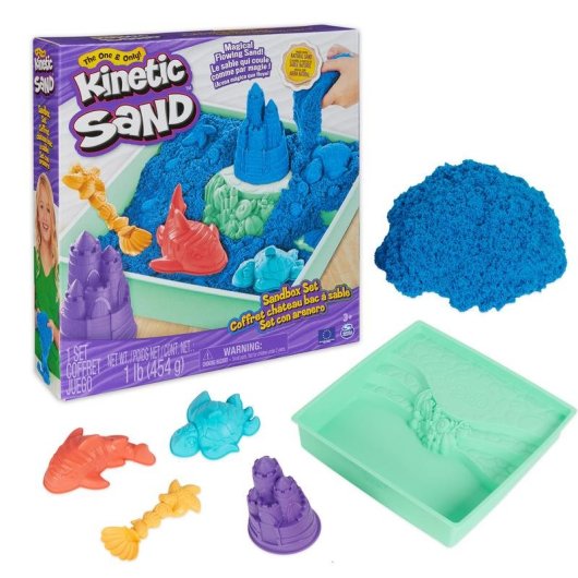 Set Kinetic Sand Sandspielkasten mit 454 g blauem Sand und 4 Zubehörteilen