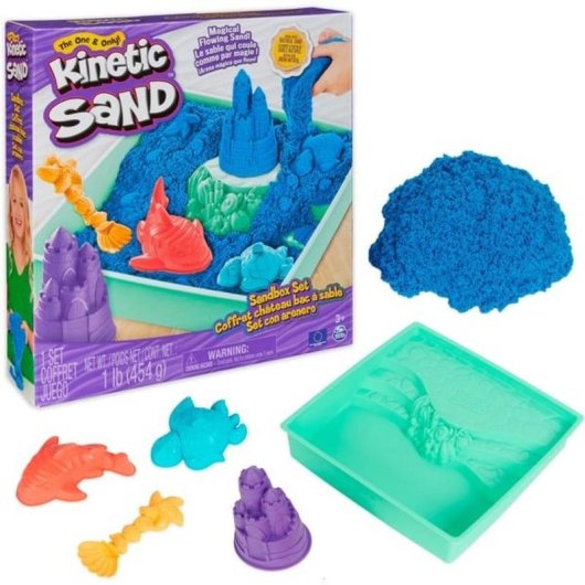 Set Kinetic Sand Sandspielkasten mit 454 g blauem Sand und 4 Zubehörteilen