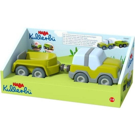 Coche de jeu HABA Kullerbü Todoterreno avec remorque bleu et vert