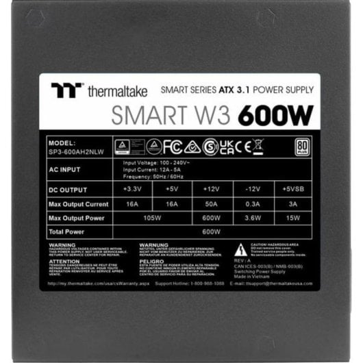 Fuente de alimentación Thermaltake Smart W3 600W Certificación 80 PLUS ATX 3.1 no modular