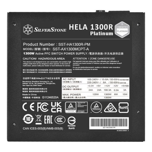 Alimentatore SilverStone HELA 1300R Platinum 1300W Certificazione 80 PLUS Platinum modulare