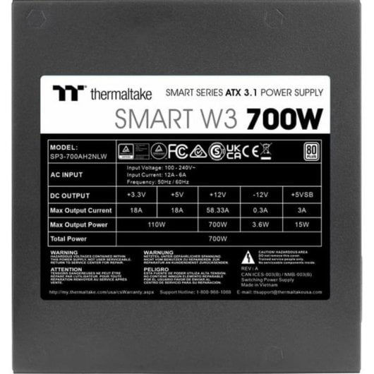 Fuente de alimentación Thermaltake Smart W3 700W Certificación 80 PLUS ATX 3.1