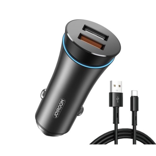 Cargador De Coche Joyroom De 30 W Con Doble Puerto Qc3.0 Y Cable Usb-a A Usb-c - Negro