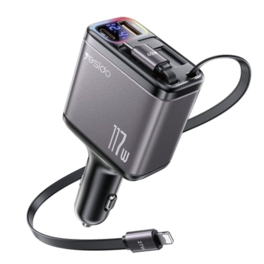 Cargador De Coche Yesido 4 En 1 Usb-c/usb-a Con Cables Usb-c/lightning 117w - Negro