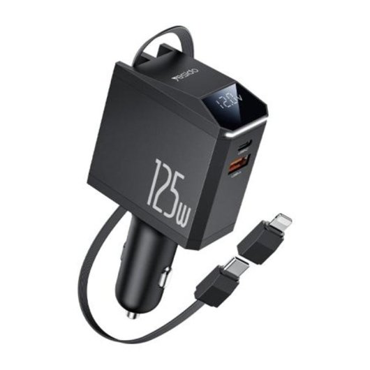 Carregador de carro Yesido 125W USB-C USB-A cabo retrátil USB-C Lightning