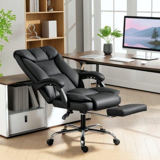Silla de oficina ergonómica Rolipo reclinable con reposapiés giratoria 360° negra