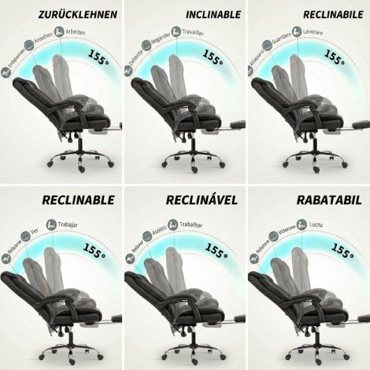 Silla de oficina ergonómica Rolipo reclinable con reposapiés giratoria 360° negra