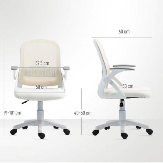 Silla de oficina ergonómica Rolipo con reposabrazos plegables y altura regulable blanca
