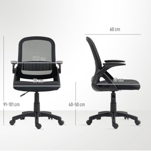 Silla Giratoria Ergonómica Rolipo con Reposabrazos Abatibles y Soporte Lumbar Negra