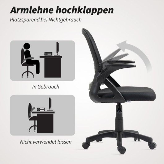 Silla Giratoria Ergonómica Rolipo con Reposabrazos Abatibles y Soporte Lumbar Negra