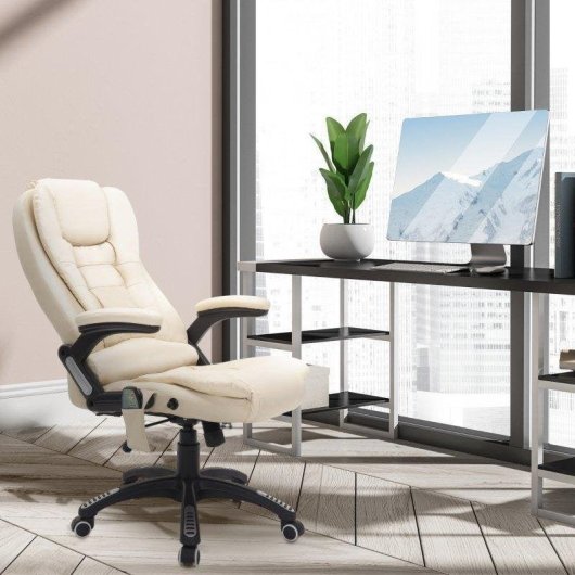 Silla de Oficina con Masaje Rolipo Altura Ajustable 6 Puntos PU Beige