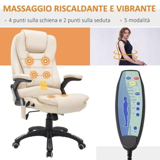 Silla de Oficina con Masaje Rolipo Altura Ajustable 6 Puntos PU Beige