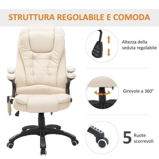 Silla de Oficina con Masaje Rolipo Altura Ajustable 6 Puntos PU Beige