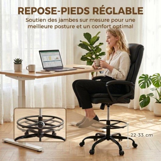 Silla de oficina ergonómica Rolipo con altura y reposapiés ajustables negra