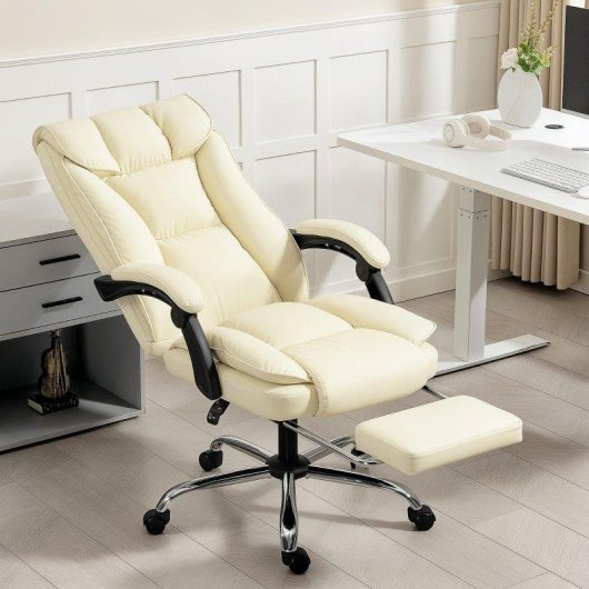 Silla de oficina ergonómica Rolipo reclinable con reposapiés beige 360°