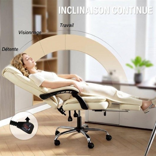 Silla de oficina ergonómica Rolipo reclinable con reposapiés beige 360°