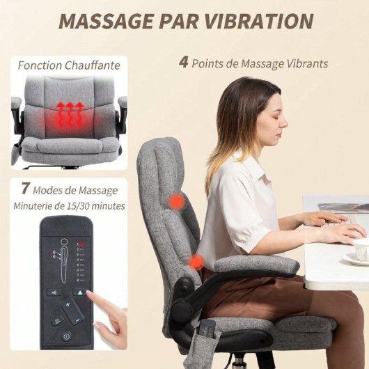 Silla de oficina ergonómica Rolipo con masaje y calefacción, altura ajustable y función de balanceo gris
