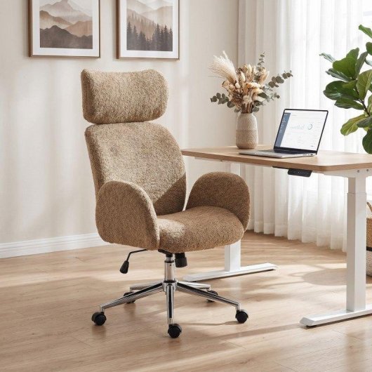 Silla de oficina Rolipo con reposacabezas ajustable, ergonómica, función de balanceo y altura ajustable, marrón