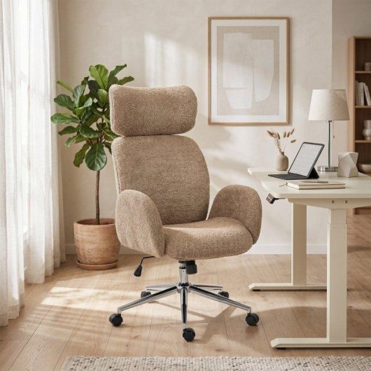 Silla de oficina Rolipo con reposacabezas ajustable, ergonómica, función de balanceo y altura ajustable, marrón