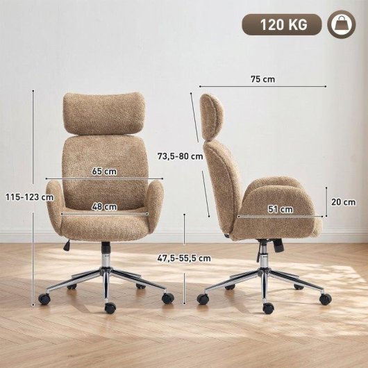 Silla de oficina Rolipo con reposacabezas ajustable, ergonómica, función de balanceo y altura ajustable, marrón