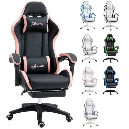 Silla Gaming Rolipo Cuero PU Reclinable 135° Reposacabezas y Reposapiés Negro y Rosa