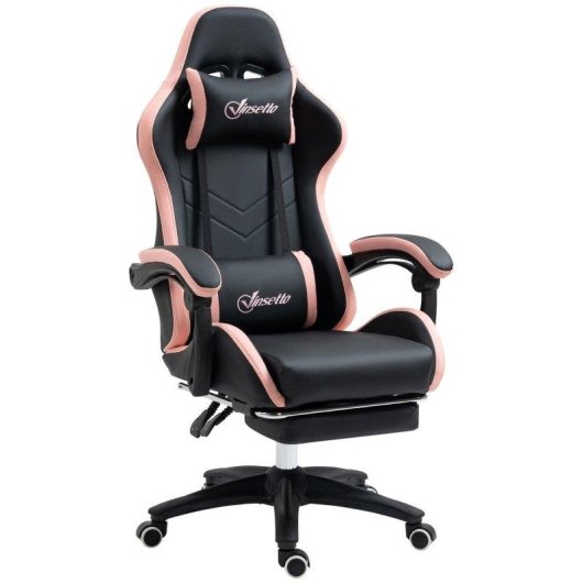 Silla Gaming Rolipo Cuero PU Reclinable 135° Reposacabezas y Reposapiés Negro y Rosa