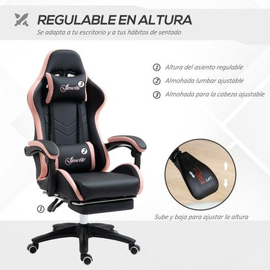 Silla Gaming Rolipo Cuero PU Reclinable 135° Reposacabezas y Reposapiés Negro y Rosa