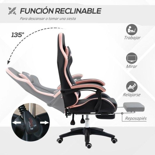 Silla Gaming Rolipo Cuero PU Reclinable 135° Reposacabezas y Reposapiés Negro y Rosa